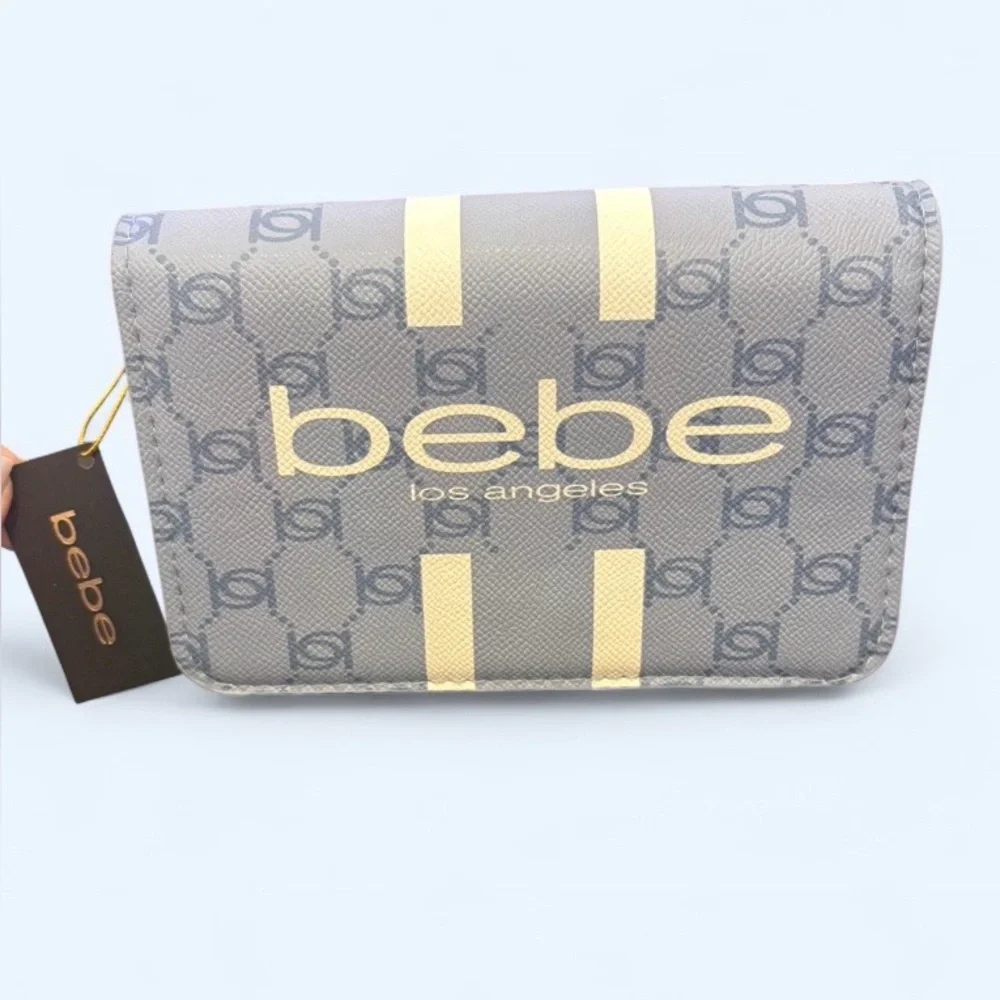 Bebe NWT Paisley Flap Crossbody Denim Blue Logo Bag Gold Chain Strap - Picture 8 of 9